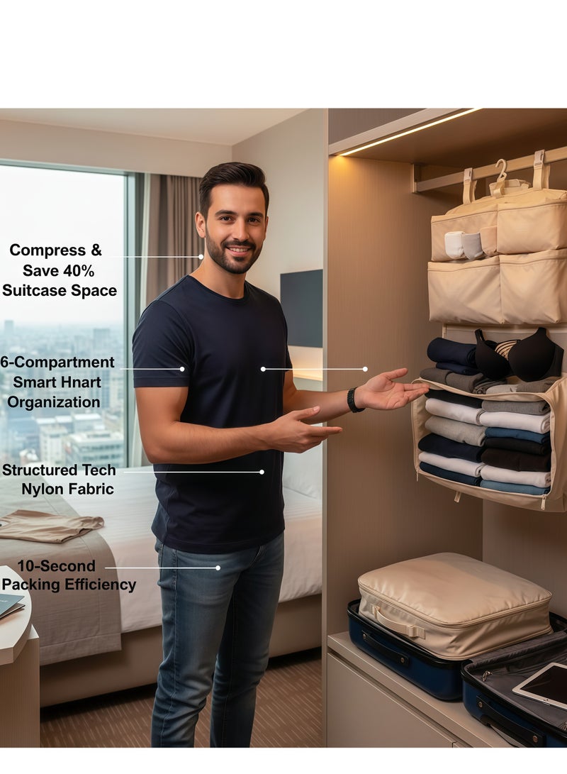 Skycare 6-in-1 Hanging Travel Shelves - Compression Packing Organizer & Portable Wardrobe - Saves 40% Luggage Space - Structured Tech Nylon Storage Bag for 20-24 Inch Suitcases - Image 5