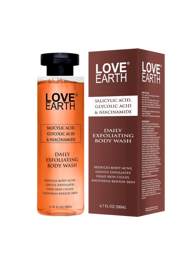 Love Earth Daily Exfoliating Body Wash For Reduces Body Acne,Gently Exfoliates Dead Skin Celles, Soothens Rough Skin| Salicylic Acid, Glycolic Acid & Niacinamide| 200 ML - Image 1