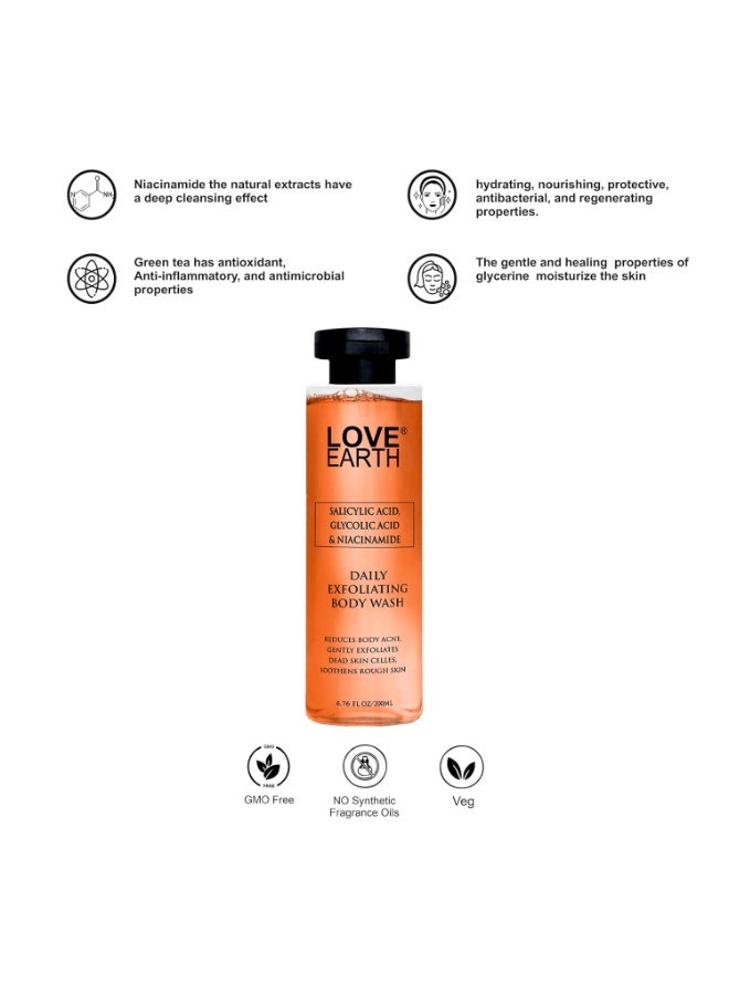 Love Earth Daily Exfoliating Body Wash For Reduces Body Acne,Gently Exfoliates Dead Skin Celles, Soothens Rough Skin| Salicylic Acid, Glycolic Acid & Niacinamide| 200 ML - Image 3