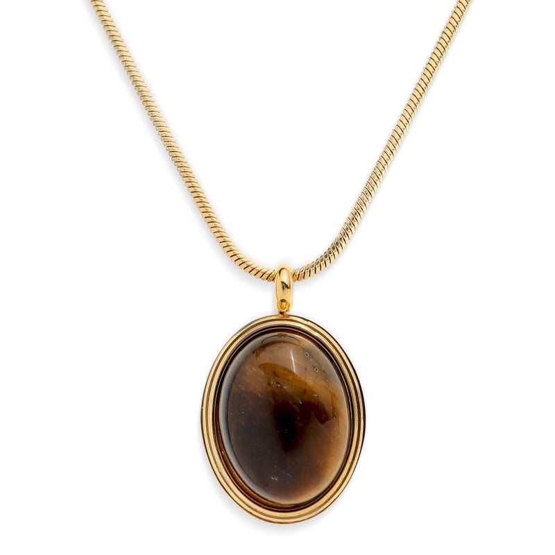 Sonateomber 14K Gold Tigers Eye Stone Pendant Necklace for Women, Chunky Statement Oval Gemstone Dangle Necklace Autumn Wedding Prom Fashion Jewelry Gift - Image 1