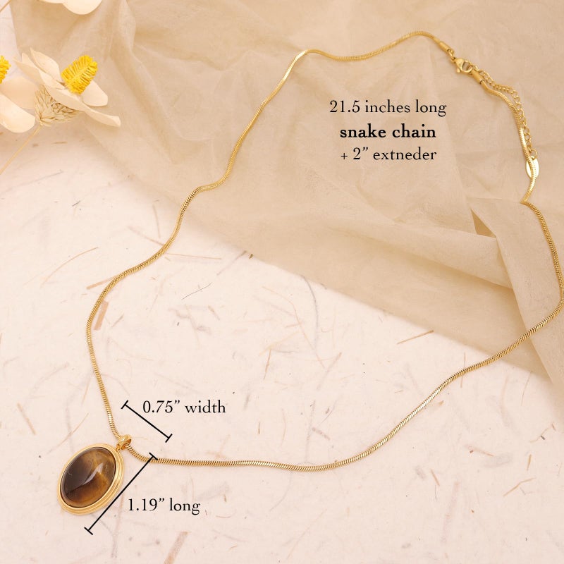 Sonateomber 14K Gold Tigers Eye Stone Pendant Necklace for Women, Chunky Statement Oval Gemstone Dangle Necklace Autumn Wedding Prom Fashion Jewelry Gift - Image 4