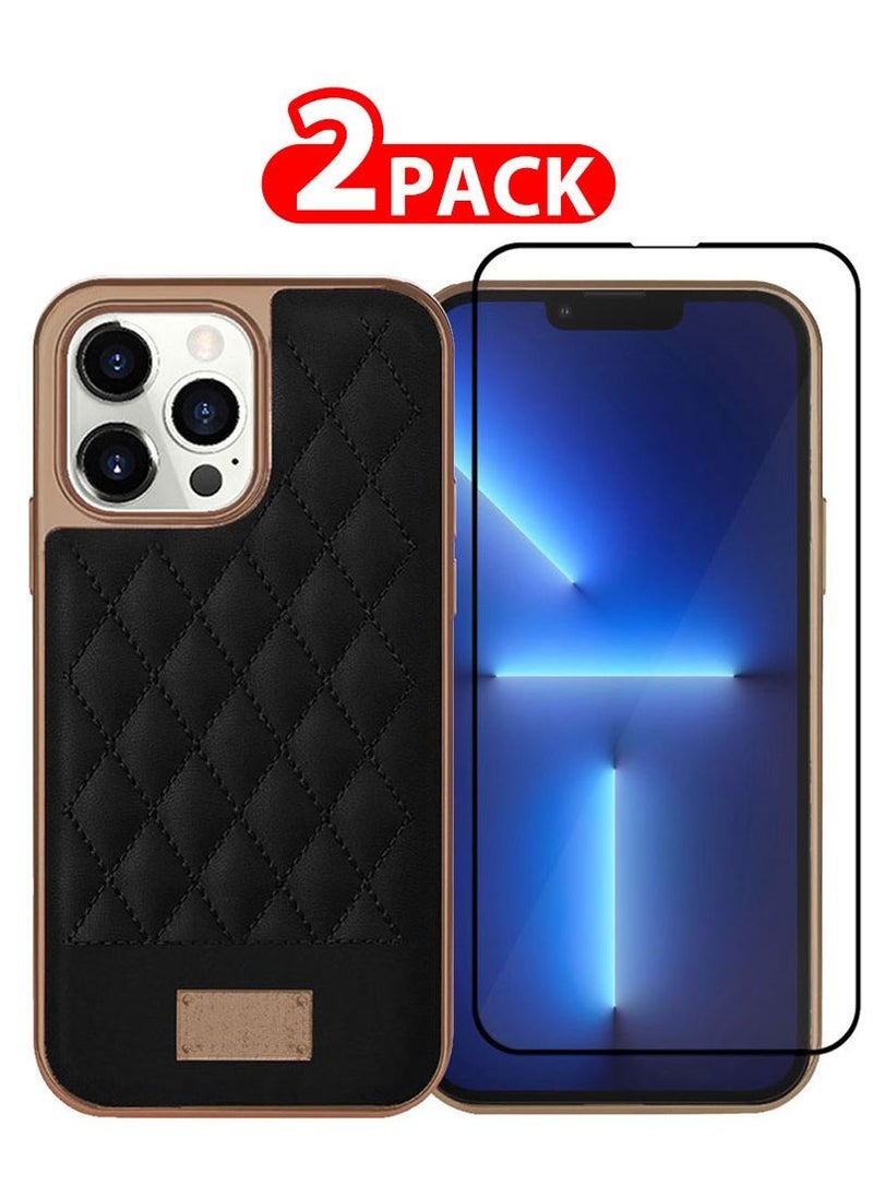 ONEGIF - iPhone 13 Pro Luxury PU Leather Case and Screen Protector 3D Embroidery Series Heavy Duty Shockproof with Electroplating Frame Leather Girl Mobile Phone Case Black - Image 1