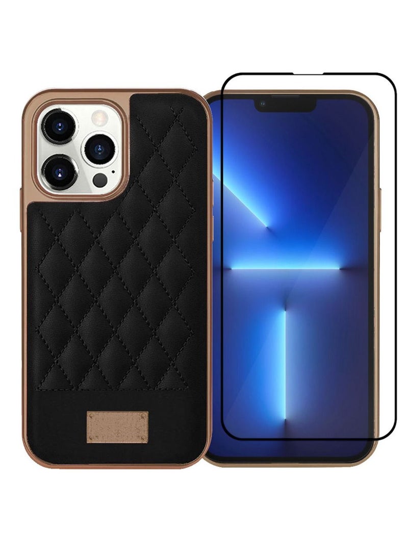 ONEGIF - iPhone 13 Pro Luxury PU Leather Case and Screen Protector 3D Embroidery Series Heavy Duty Shockproof with Electroplating Frame Leather Girl Mobile Phone Case Black - Image 1