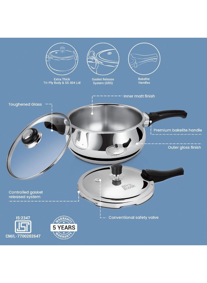 Milton Pro Cook Triply Stainless Steel Induction Curve Pressure Cooker With Outer & Glass Lid, 5.5 Litres, Silver, Gasket Release System Food Safe, Induction, Hot Plate, Flame Safe - Image 3