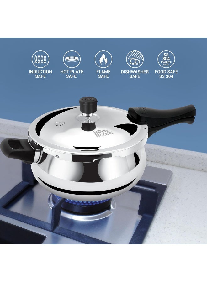 Milton Pro Cook Triply Stainless Steel Induction Curve Pressure Cooker With Outer & Glass Lid, 5.5 Litres, Silver, Gasket Release System Food Safe, Induction, Hot Plate, Flame Safe - Image 2