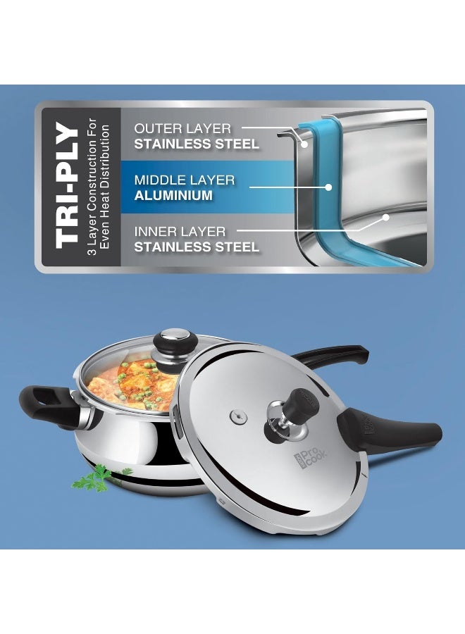 Milton Pro Cook Triply Stainless Steel Induction Curve Pressure Cooker With Outer & Glass Lid, 5.5 Litres, Silver, Gasket Release System Food Safe, Induction, Hot Plate, Flame Safe - Image 4