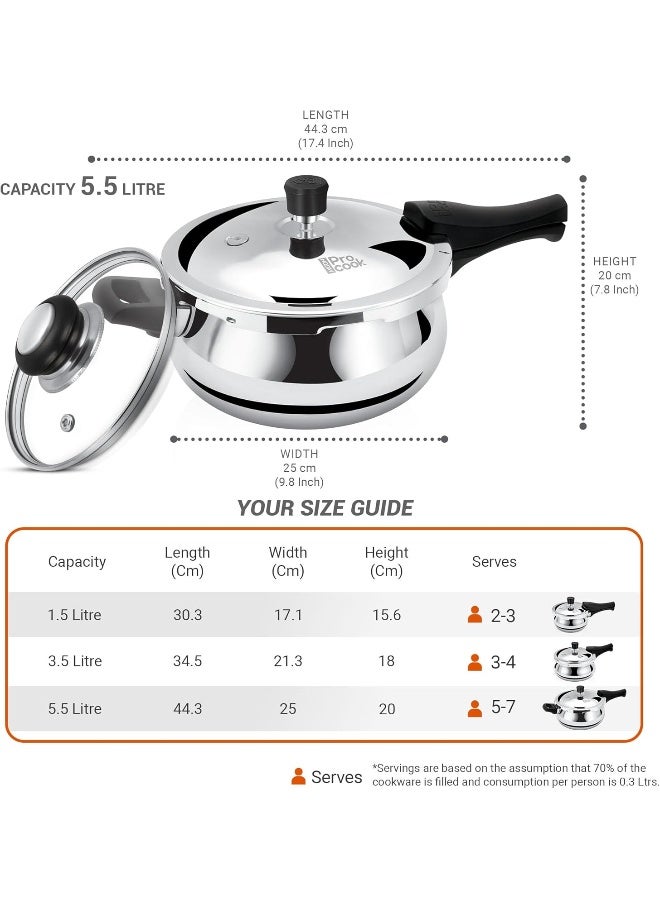Milton Pro Cook Triply Stainless Steel Induction Curve Pressure Cooker With Outer & Glass Lid, 5.5 Litres, Silver, Gasket Release System Food Safe, Induction, Hot Plate, Flame Safe - Image 5