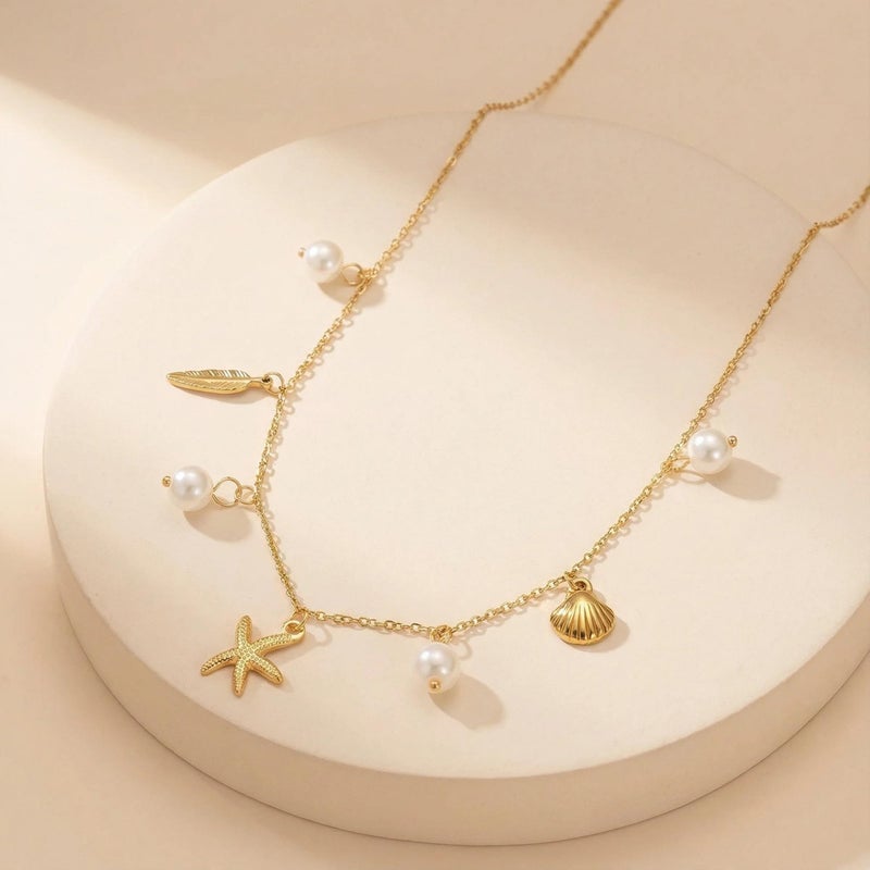 Nackiy Shell Starfish Necklace for Women, 14k Gold Boho Layered Beaded Charm Pendant Necklace, Dainty Adjustable Pearl Conch Summer Beach Vacation Jewelry Gifts(Starfish&Pearl Charm) - Image 5