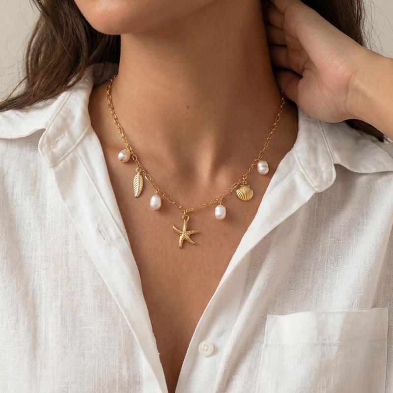 Nackiy Shell Starfish Necklace for Women, 14k Gold Boho Layered Beaded Charm Pendant Necklace, Dainty Adjustable Pearl Conch Summer Beach Vacation Jewelry Gifts(Starfish&Pearl Charm) - Image 4