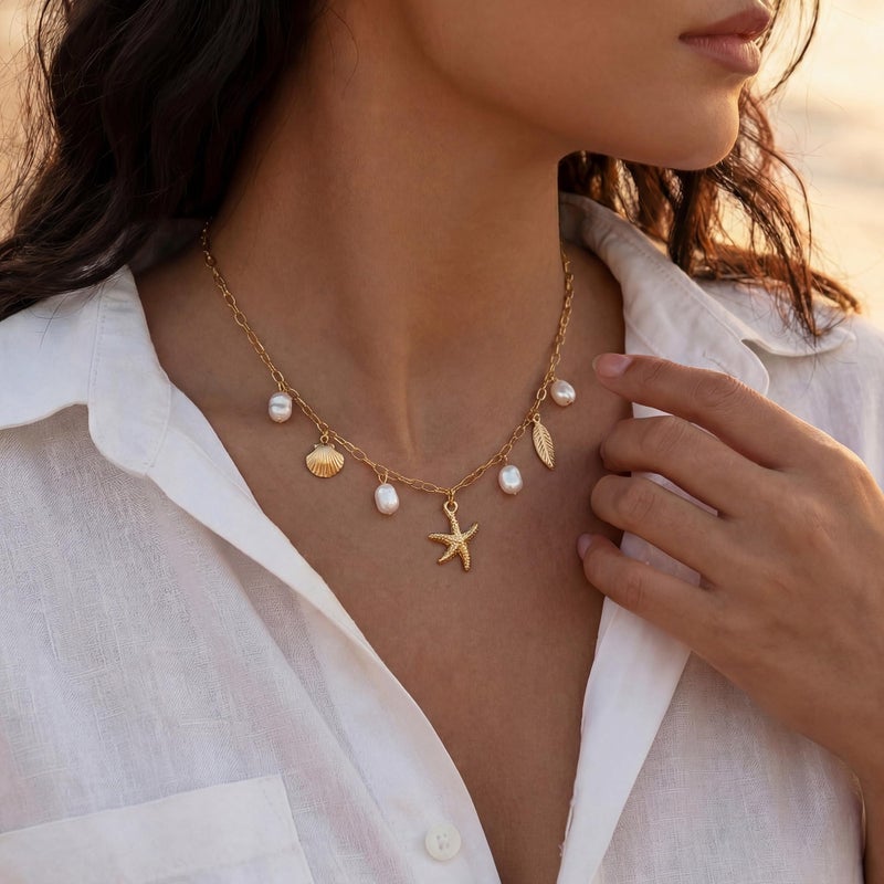 Nackiy Shell Starfish Necklace for Women, 14k Gold Boho Layered Beaded Charm Pendant Necklace, Dainty Adjustable Pearl Conch Summer Beach Vacation Jewelry Gifts(Starfish&Pearl Charm) - Image 3