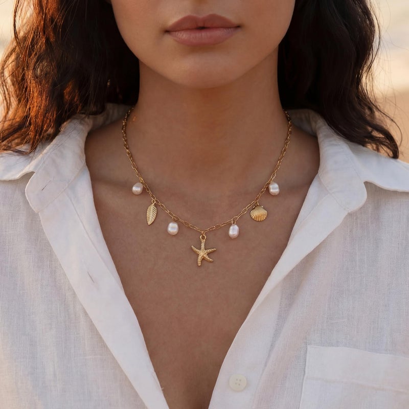 Nackiy Shell Starfish Necklace for Women, 14k Gold Boho Layered Beaded Charm Pendant Necklace, Dainty Adjustable Pearl Conch Summer Beach Vacation Jewelry Gifts(Starfish&Pearl Charm) - Image 2