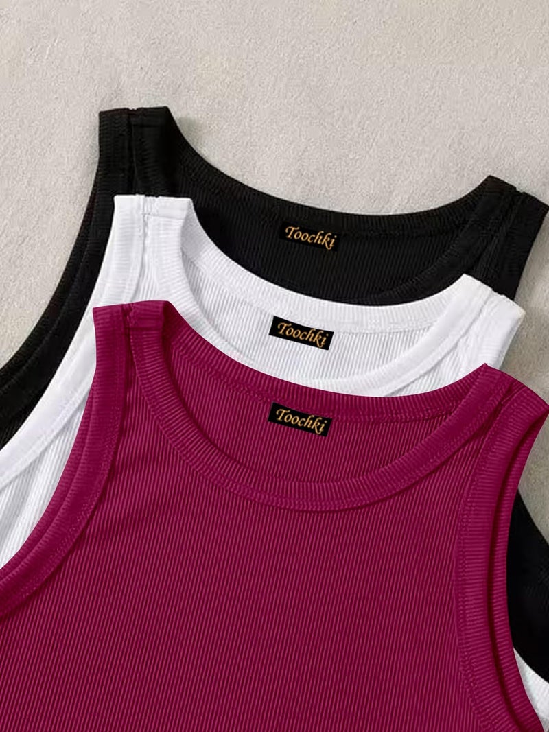 Toochki (Pack of 3) Stylish Sleeveless Round Neck Ribbed Tank Tops for Women and Western Crop Top - Image 4