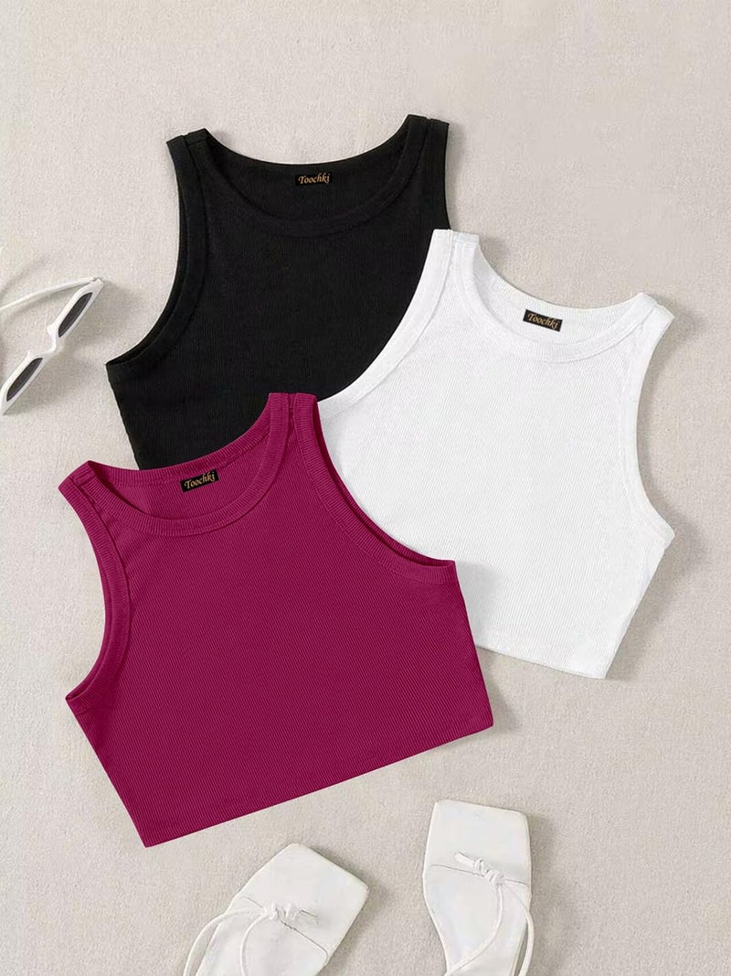 Toochki (Pack of 3) Stylish Sleeveless Round Neck Ribbed Tank Tops for Women and Western Crop Top - Image 2