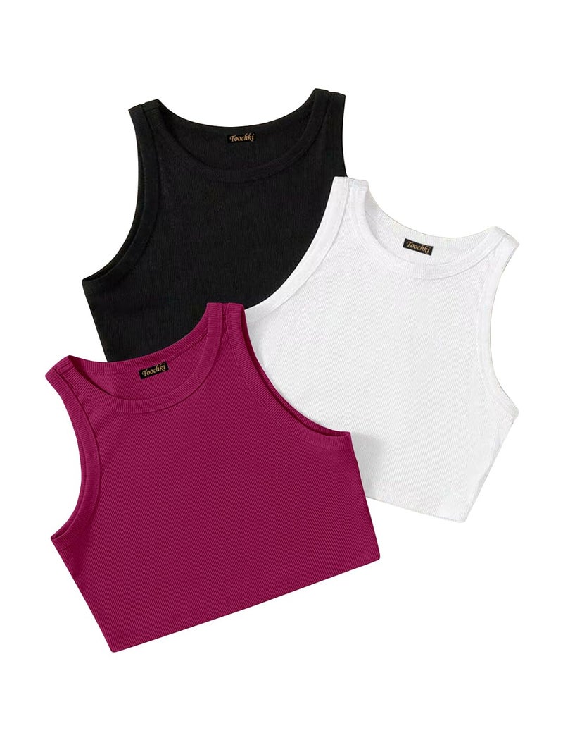 Toochki (Pack of 3) Stylish Sleeveless Round Neck Ribbed Tank Tops for Women and Western Crop Top - Image 1
