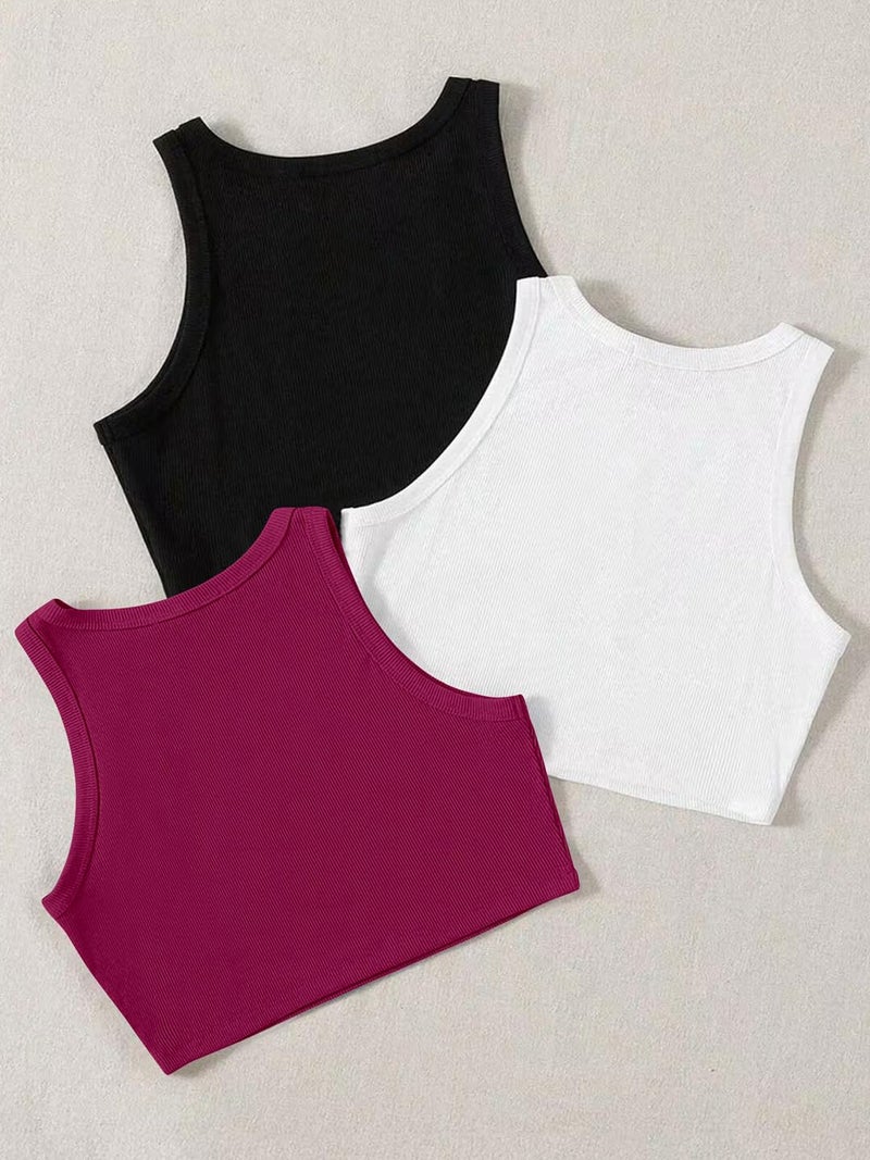 Toochki (Pack of 3) Stylish Sleeveless Round Neck Ribbed Tank Tops for Women and Western Crop Top - Image 3