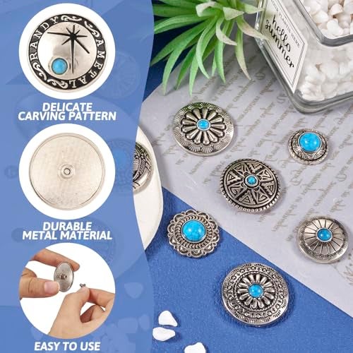 Spritewelry 48pcs/22 Sets Leather Decorative Conchos Stud Screw Back Buttons Imitation Turquoise Rapid Rivets Vintage Metal Button Replacement Alloy Buckle Rivet for Fabrics Sewing Decor - Image 4