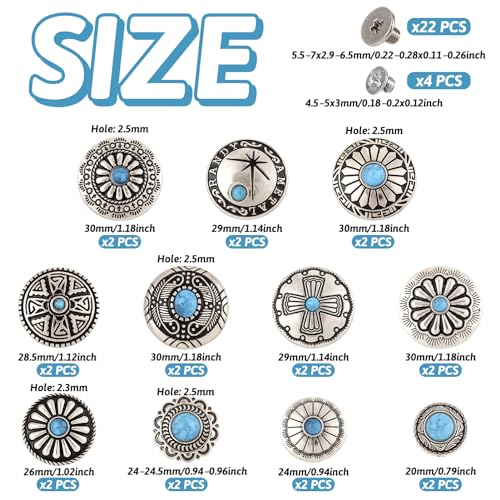 Spritewelry 48pcs/22 Sets Leather Decorative Conchos Stud Screw Back Buttons Imitation Turquoise Rapid Rivets Vintage Metal Button Replacement Alloy Buckle Rivet for Fabrics Sewing Decor - Image 5