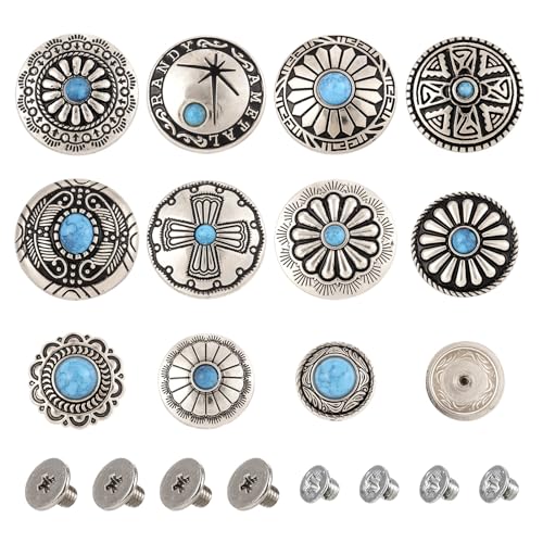 Spritewelry 48pcs/22 Sets Leather Decorative Conchos Stud Screw Back Buttons Imitation Turquoise Rapid Rivets Vintage Metal Button Replacement Alloy Buckle Rivet for Fabrics Sewing Decor - Image 1