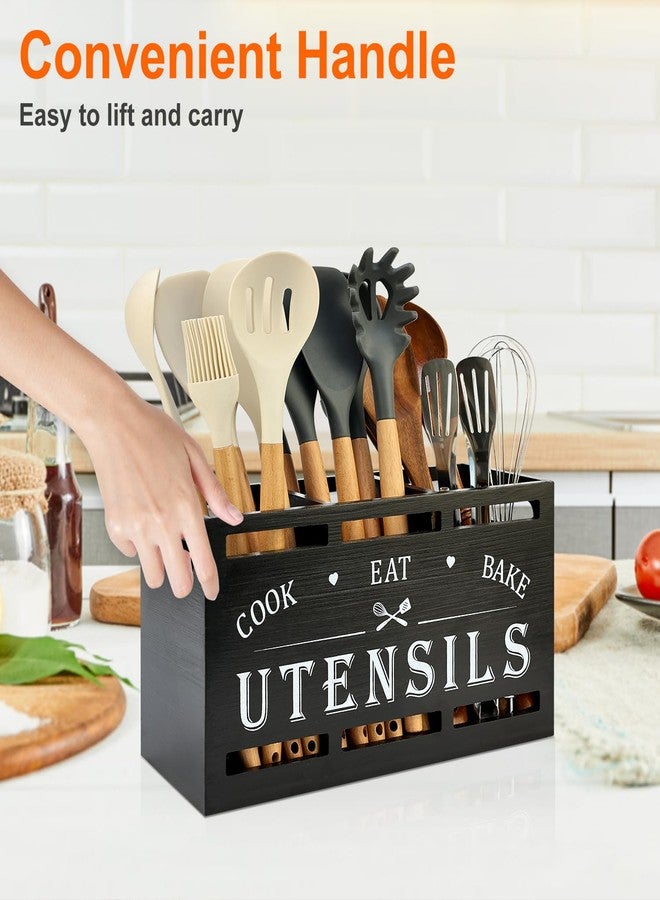 Renawe Extra Large Black Utensil Holder Kitchen Counter Decor Storage Organizer Silverware Caddy Wooden Cutlery Utensils Holder for Countertop Cooking Utensil Crock Organizer Kitchen Tools Spoon Holder - Image 4