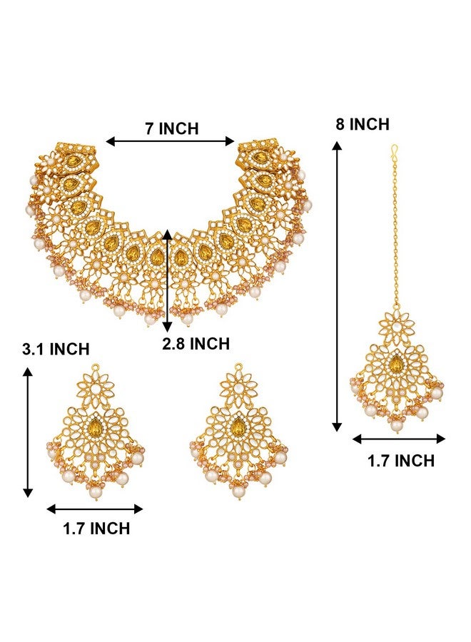 بيورا طقم مجوهرات مانج تيكا من بيورا مطلي بالذهب ومرصع بلؤلؤ الكوندان المتدلي والأقراط للنساء - Image 4