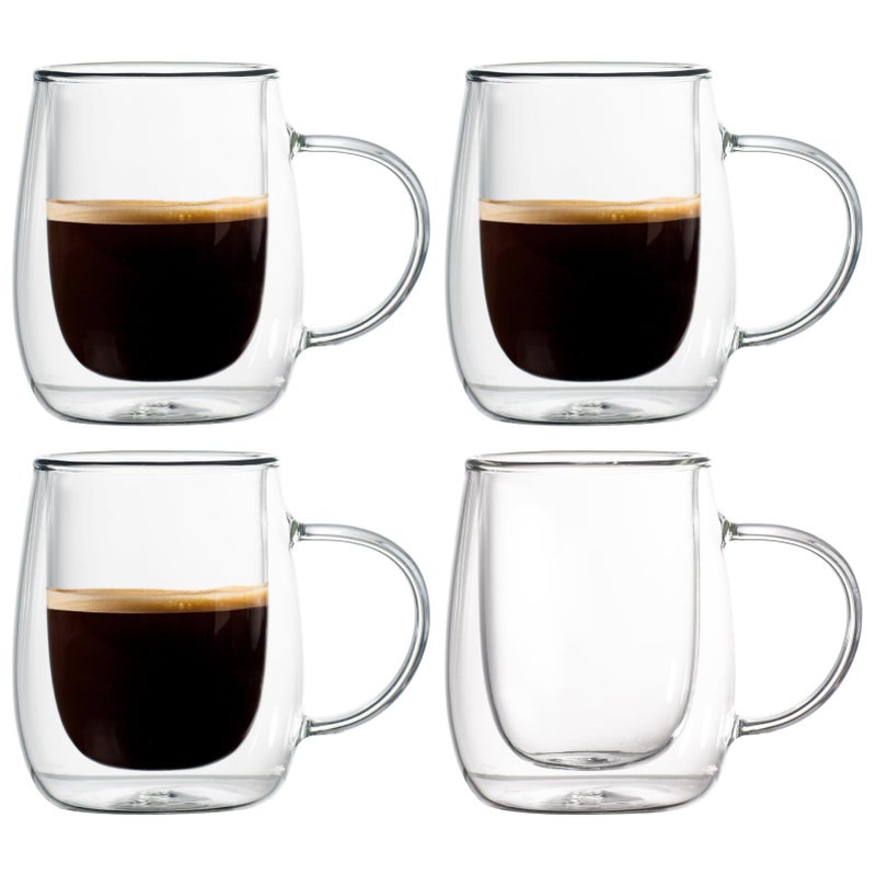 Wlasss Espresso Cups 74oz210ml Double Walled Glass Coffee Mugs Set of 4 Clear Hand Blown Insulated Glass Coffee Cups with Handle for Espresso Cappuccino Latte Americano Coffee Lovers Gift