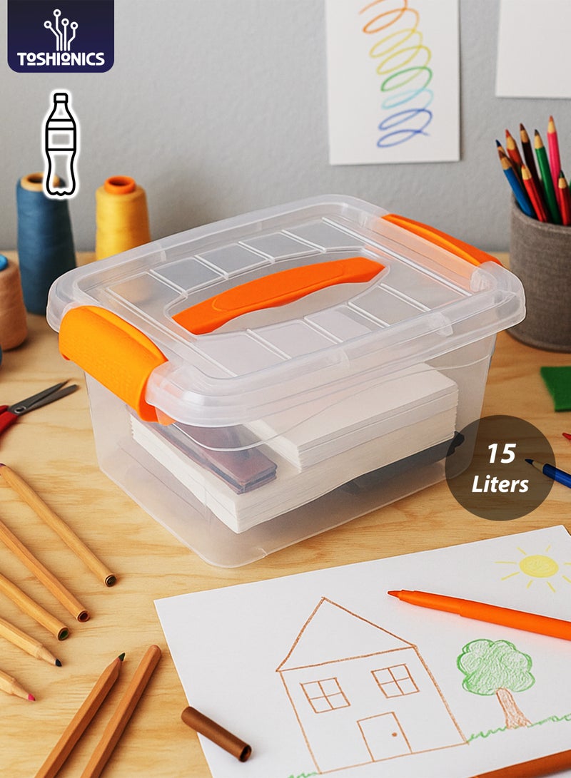 توشيونيكس صندوق تخزين بلاستيكي شفاف فاخر سعة 15 لترًا مع غطاء قابل للقفل ومقبض حمل وأقفال T114629 - صندوق منظم شفاف قابل للتكديس للملابس والألعاب والأدوات وتخزين المنزل (34×25×21 سم) - Image 1