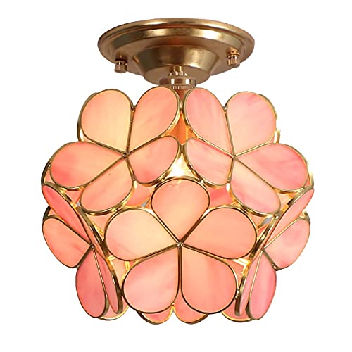 Bieye L10822 Flower Petals Tiffany Style Stained Glass Close to Ceiling Light for Home Decor (Pink, 8" Cherry Blossom) - Image 1