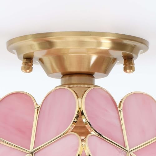 Bieye L10822 Flower Petals Tiffany Style Stained Glass Close to Ceiling Light for Home Decor (Pink, 8" Cherry Blossom) - Image 4