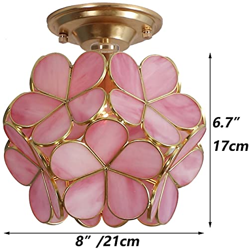 Bieye L10822 Flower Petals Tiffany Style Stained Glass Close to Ceiling Light for Home Decor (Pink, 8" Cherry Blossom) - Image 3