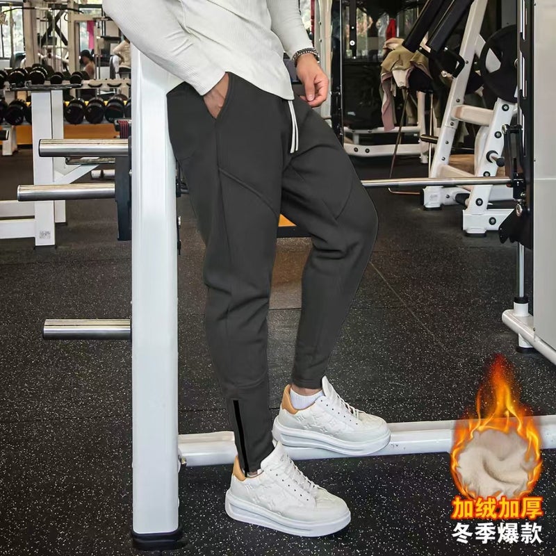 fleece-lined Thickened Sweater Sports Mens Running Loose Autumn and Winter American Style Fitness Pants Straight Tube Zipper Leg Casual Pants Modern gray  - Image 1