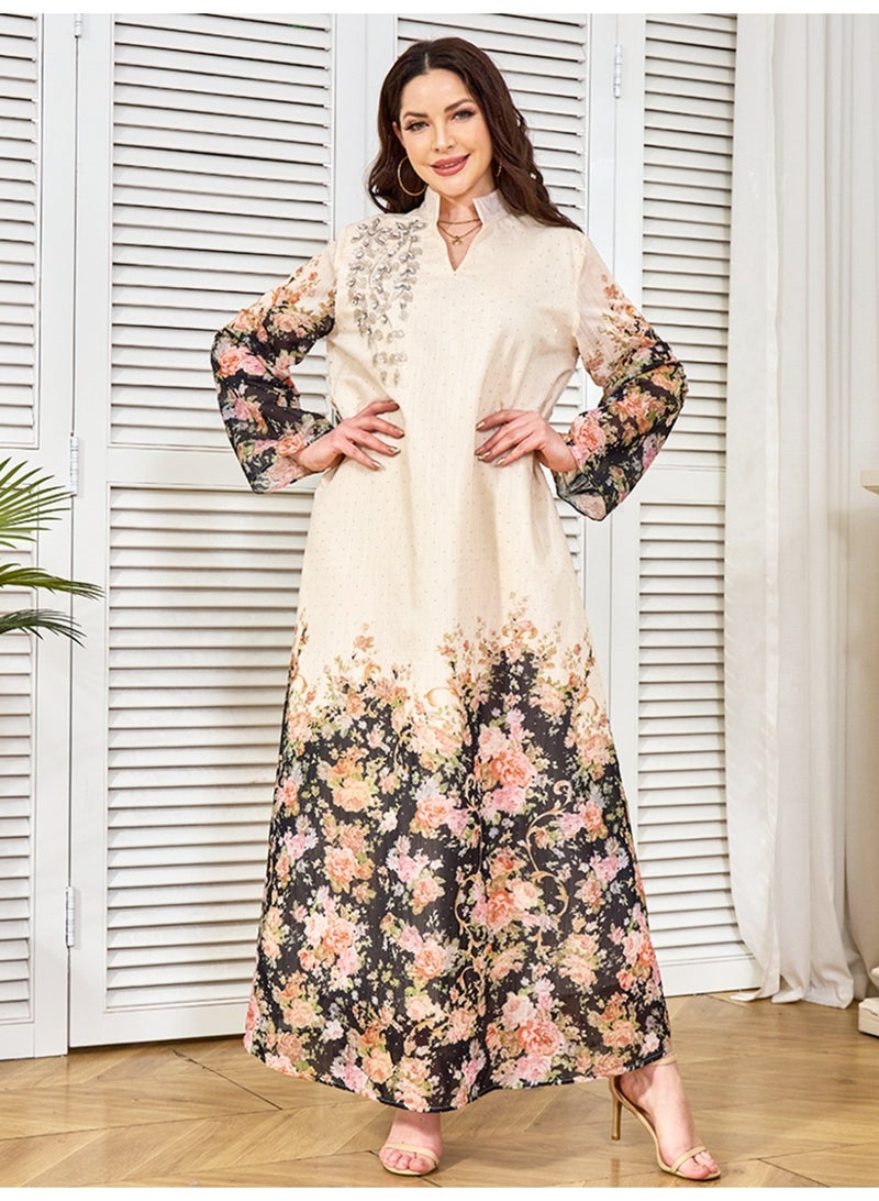 Kaiyuede Abaya Daily Eid Black Gradient Floral Print Belted Rhinestone Polyester Opaque Lined Modest Maxi Dress S-XL - Image 1