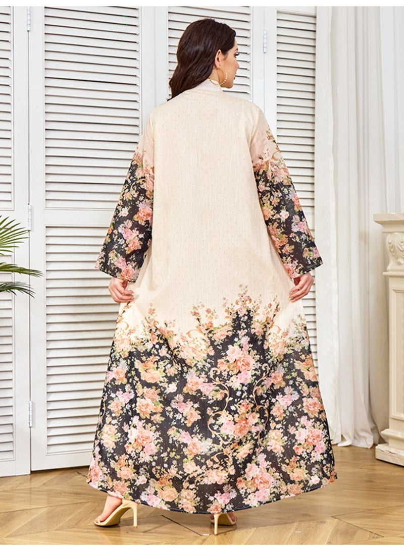 Kaiyuede Abaya Daily Eid Black Gradient Floral Print Belted Rhinestone Polyester Opaque Lined Modest Maxi Dress S-XL - Image 2