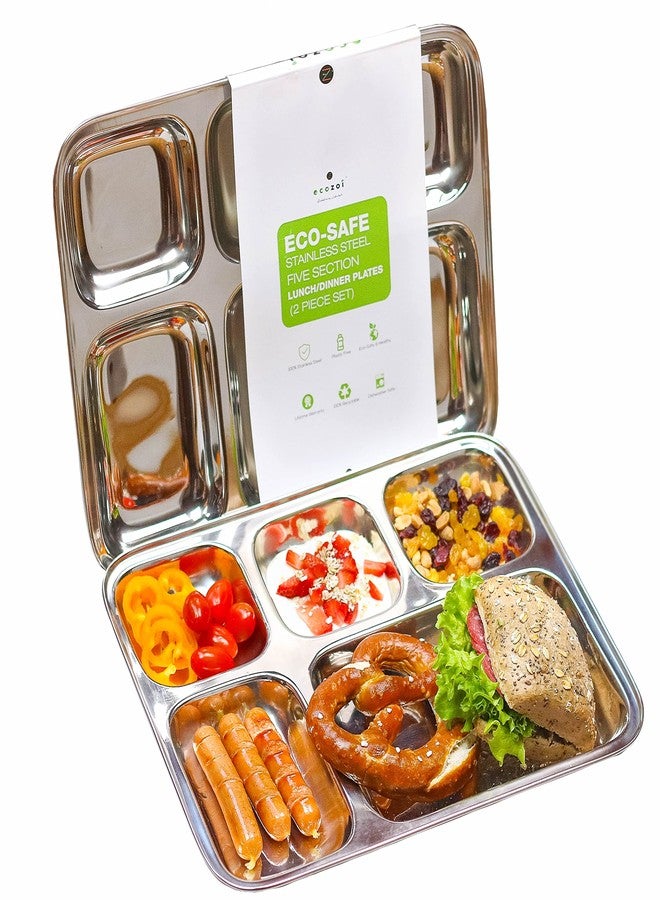 ecozoi Stainless Steel Divided Plates Set of 2 - Extra Large, Deep 5 Multi Compartment Serving Tray with Divider - Full Meal Size, Portion Control Dinner Plates for Kids and Adults - Image 1