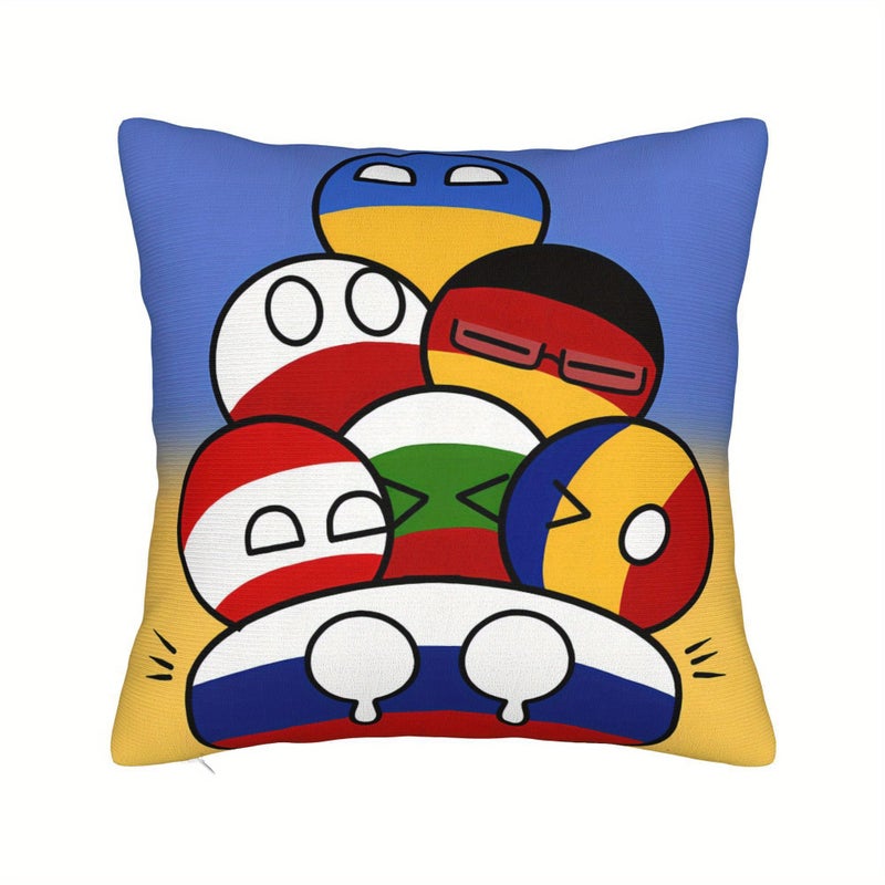 وسادة زينة مقاس 18×18 بوصة برسوم كاريكاتورية بسيطة على شكل كرات الدول (Countryball) المستوحاة من الميمات المنتشرة على الإنترنت، مناسبة لتزيين غرفة النوم وغرفة المعيشة والأريكة والمزرعة وفراش العطلات. - Image 3