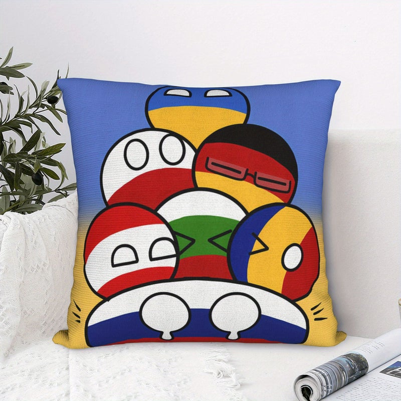 وسادة زينة مقاس 18×18 بوصة برسوم كاريكاتورية بسيطة على شكل كرات الدول (Countryball) المستوحاة من الميمات المنتشرة على الإنترنت، مناسبة لتزيين غرفة النوم وغرفة المعيشة والأريكة والمزرعة وفراش العطلات. - Image 1