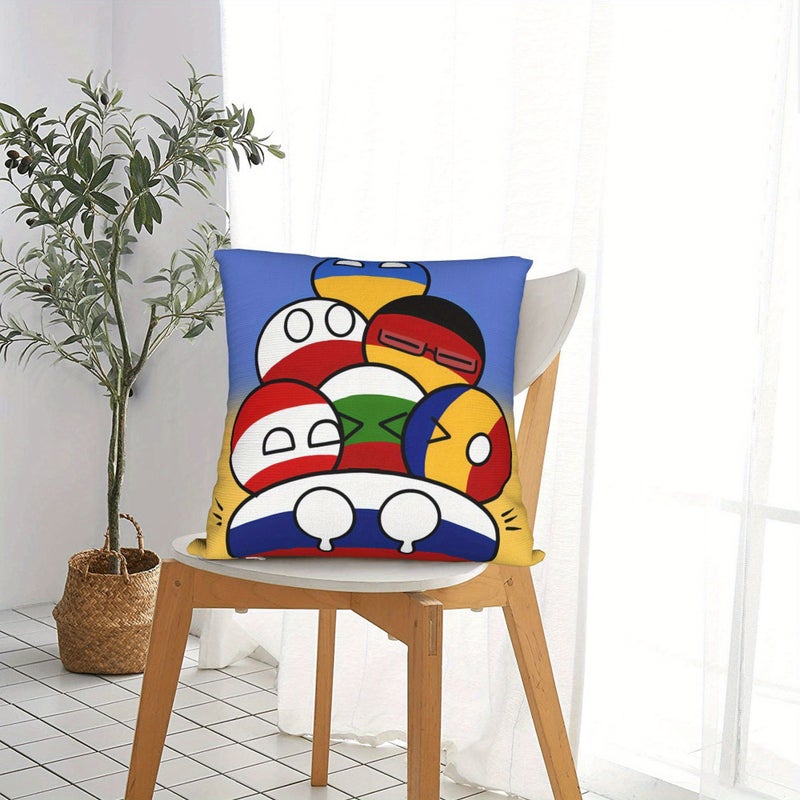 وسادة زينة مقاس 18×18 بوصة برسوم كاريكاتورية بسيطة على شكل كرات الدول (Countryball) المستوحاة من الميمات المنتشرة على الإنترنت، مناسبة لتزيين غرفة النوم وغرفة المعيشة والأريكة والمزرعة وفراش العطلات. - Image 5