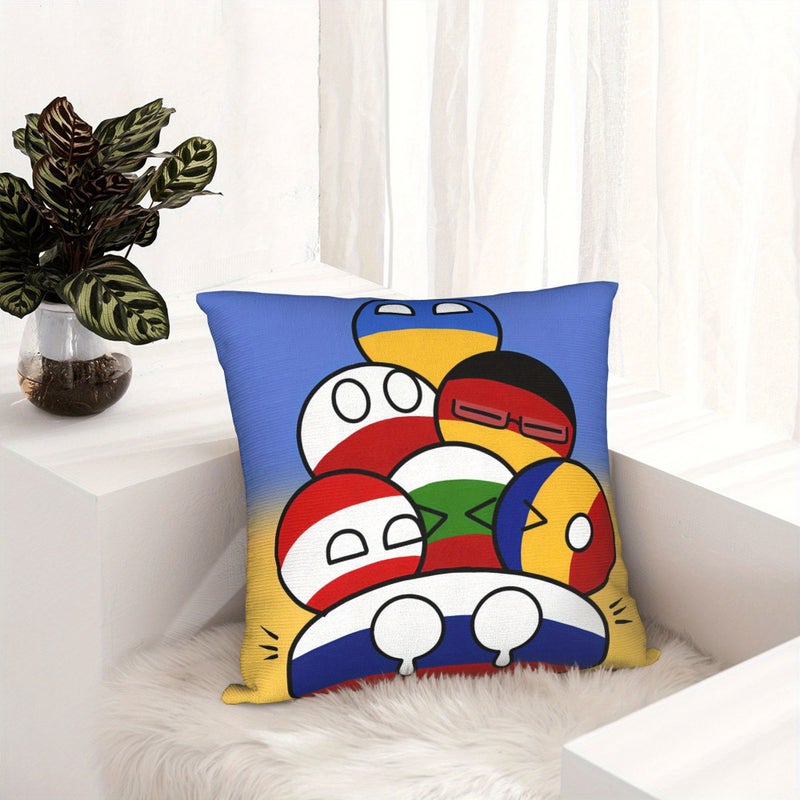 وسادة زينة مقاس 18×18 بوصة برسوم كاريكاتورية بسيطة على شكل كرات الدول (Countryball) المستوحاة من الميمات المنتشرة على الإنترنت، مناسبة لتزيين غرفة النوم وغرفة المعيشة والأريكة والمزرعة وفراش العطلات. - Image 2