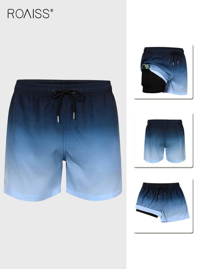 roaiss Running Fitness Pants for Men Blue Gradient Quick Drying Tight Casual Beach Shorts Men's Bathing Suits with Pockets Surfing Swimming Trunks with Compression Liner 2 in 1 - Image 1