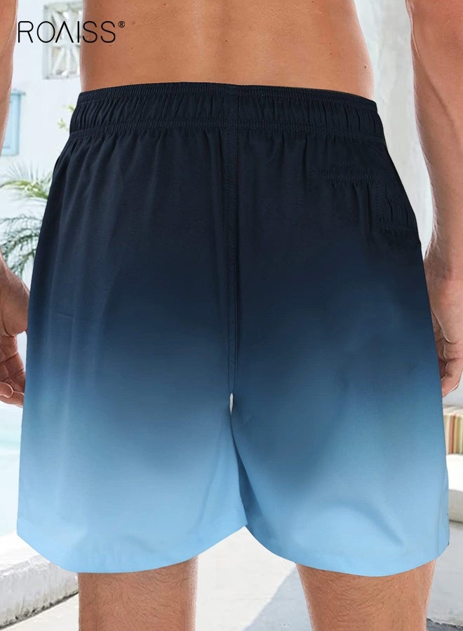 roaiss Running Fitness Pants for Men Blue Gradient Quick Drying Tight Casual Beach Shorts Men's Bathing Suits with Pockets Surfing Swimming Trunks with Compression Liner 2 in 1 - Image 3