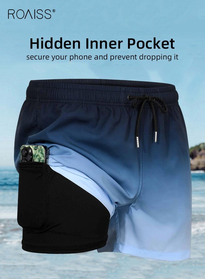 roaiss Running Fitness Pants for Men Blue Gradient Quick Drying Tight Casual Beach Shorts Men's Bathing Suits with Pockets Surfing Swimming Trunks with Compression Liner 2 in 1 - Image 4