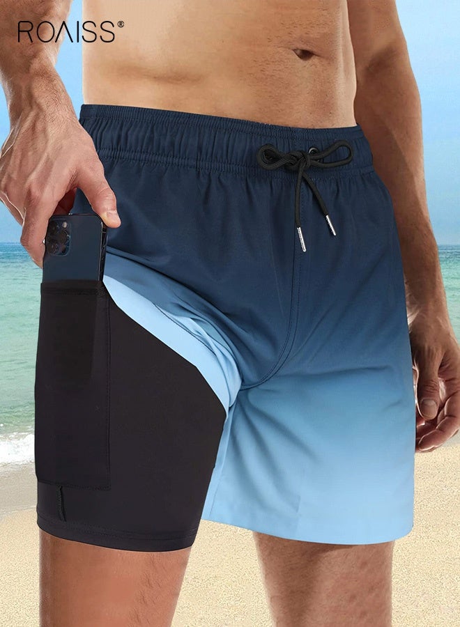 roaiss Running Fitness Pants for Men Blue Gradient Quick Drying Tight Casual Beach Shorts Men's Bathing Suits with Pockets Surfing Swimming Trunks with Compression Liner 2 in 1 - Image 2