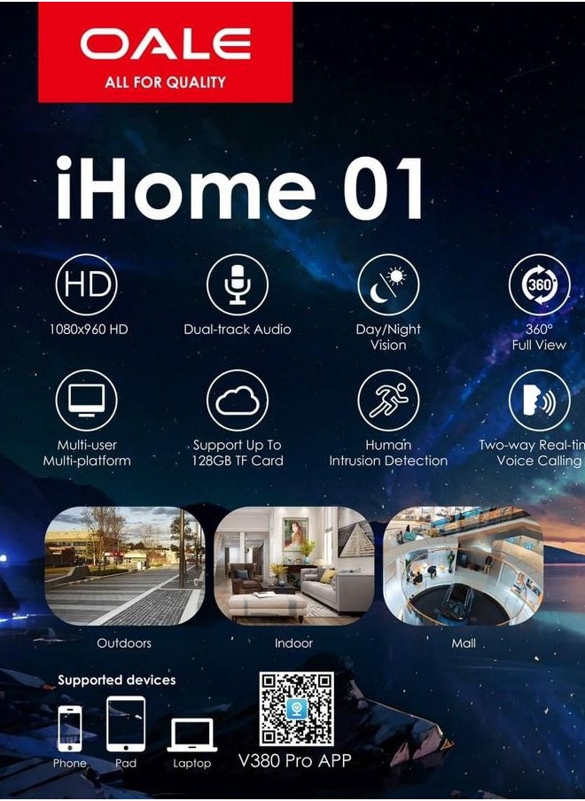 OALE - OALE iHome 01 Smart Home Security Camera White, Dual Track Audio Support, Night Vision, Motion Detect Security Camera, 360 Full View Two Way Real Time Voice Calling. - Image 1