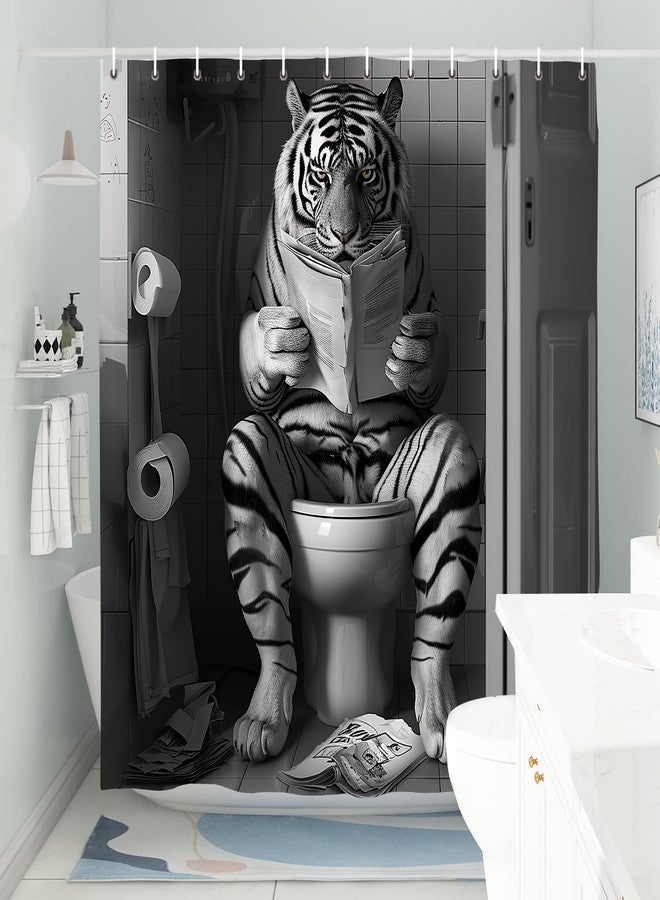 DeeCabin Funny Tiger Shower Curtain 70X75IN Funcy Humor Tiger Animal on Toilet Reading a Newspaper Shower Curtains Set, Black and White Shower Curtains, Waterproof Bathroom Decor with 12Hooks - Image 5