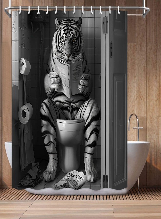 DeeCabin Funny Tiger Shower Curtain 70X75IN Funcy Humor Tiger Animal on Toilet Reading a Newspaper Shower Curtains Set, Black and White Shower Curtains, Waterproof Bathroom Decor with 12Hooks - Image 3