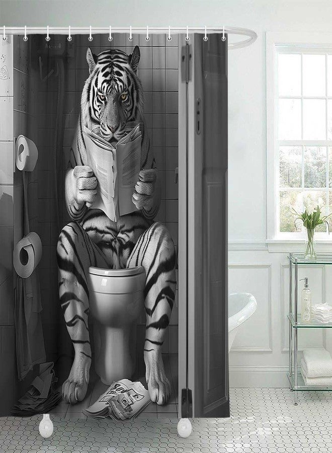 DeeCabin Funny Tiger Shower Curtain 70X75IN Funcy Humor Tiger Animal on Toilet Reading a Newspaper Shower Curtains Set, Black and White Shower Curtains, Waterproof Bathroom Decor with 12Hooks - Image 2