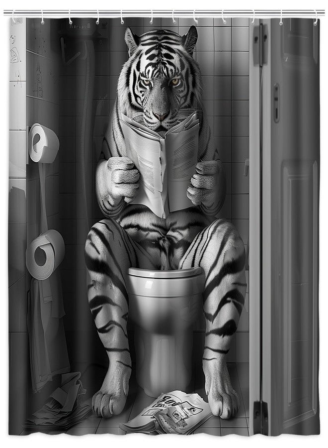 DeeCabin Funny Tiger Shower Curtain 70X75IN Funcy Humor Tiger Animal on Toilet Reading a Newspaper Shower Curtains Set, Black and White Shower Curtains, Waterproof Bathroom Decor with 12Hooks - Image 1