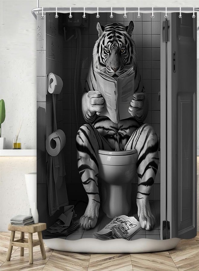 DeeCabin Funny Tiger Shower Curtain 70X75IN Funcy Humor Tiger Animal on Toilet Reading a Newspaper Shower Curtains Set, Black and White Shower Curtains, Waterproof Bathroom Decor with 12Hooks - Image 4