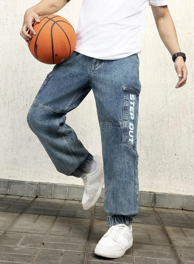 Hubberholme Men's Indigo 100% Cotton Bleached Full Length Baggy Jeans