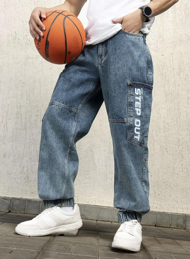 Hubberholme Men's Indigo 100% Cotton Bleached Full Length Baggy Jeans