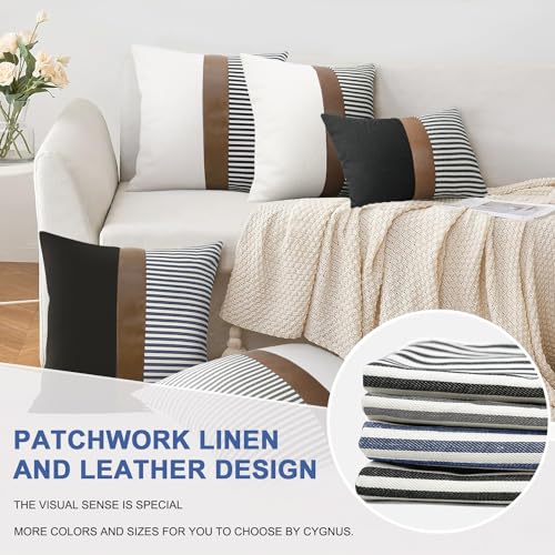 CYGNUS Set of 2 Farmhouse Decor Striped Patchwork Linen Throw Pillow Covers,Modern Brown Faux Leather Accent Pillow Covers 18x18 inch,Black - Image 5